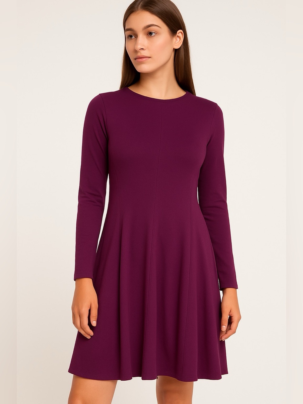 Long Sleeve A-Line Dress in Deep Plum